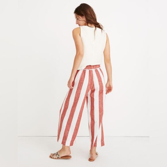 Madewell Huston Wide Leg Linen Crop Pants Red White Stripe Linen Pull-On Small - Picture 3 of 9